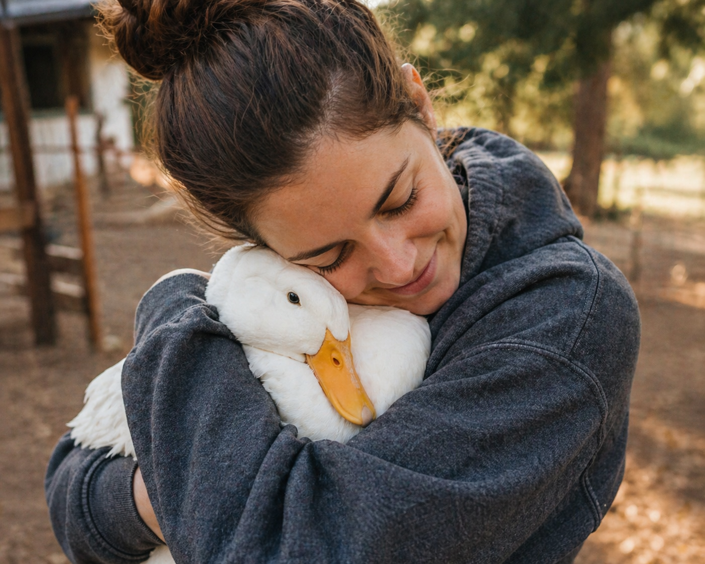 Person hugging a duck